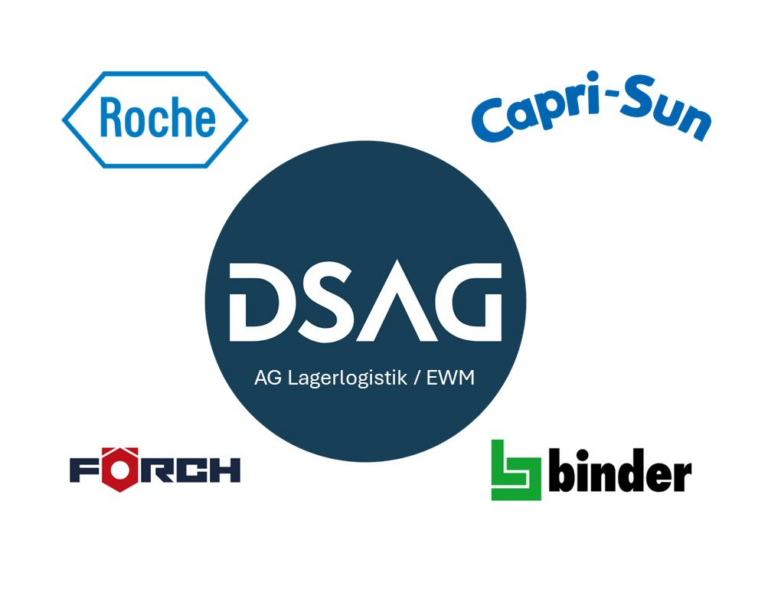 DSAG Arbeitskreis Lagerlogistik / EWM mit den Logos von Roche, Capri-Sun, Förch und binder